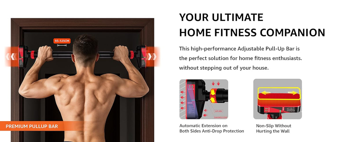 Maxpro Premium & Classic Pull Up Bar for Home Workout, Adjustable Rod 93-125cm width, Wall Mounted without Screws, Max Load 200kgs, Anti-Skid Grip for Pull-Ups, Chin-Ups, Push-Ups, Sit-Ups, and Stretching Adjustable Upper Body and Core Workout Bar(MP3002)