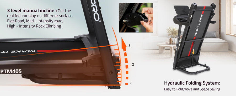 Maxpro Force 4.5 HP Peak DC Motor Folding Treadmill for Home use,Free Diet Plan,Max.Speed 14km/hr,Max. User Weight 110kgs,Fit Show App Support,Running Machine with LED Display (PTM405)