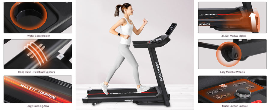 Maxpro Force 4.5 HP Peak DC Motor Folding Treadmill for Home use,Free Diet Plan,Max.Speed 14km/hr,Max. User Weight 110kgs,Fit Show App Support,Running Machine with LED Display (PTM405)