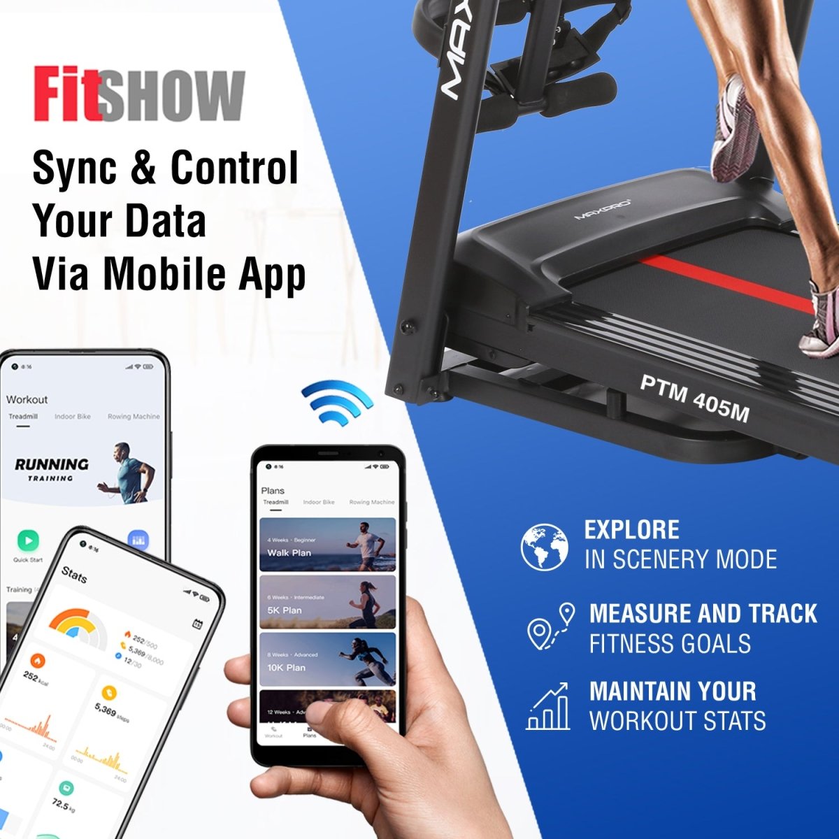 MAXPRO FORCE PRO 4.5 HP Peak DC Motorized Multifunction Folding Treadmill for home use with Massager,Max.Speed 14km/hr,Max.User Weight 110kgs,Fit Show App Support,Running Machine for Home gym(PTM405M) - Maxpro Fitness Equipments