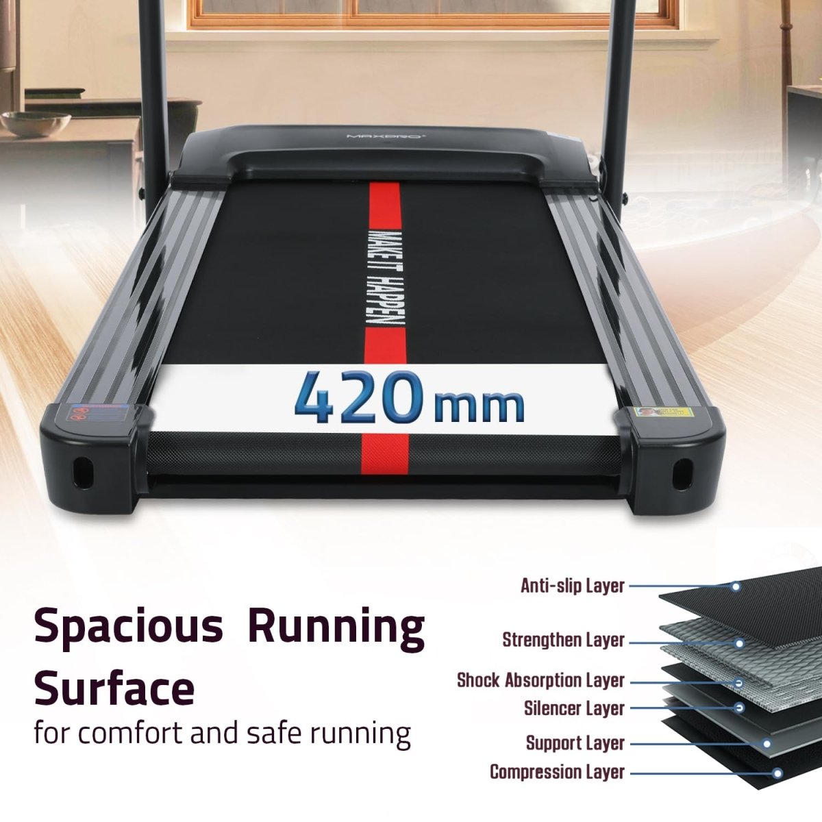 MAXPRO Fusion 4.5 HP Peak DC Motor, 15 Level Auto Incline Treadmill for Home Gym,Free Diet Plan,Max.Speed 14km/hr,Max. User Weight 110kgs,Fit Show App Support, LCD Display for Home use (PTM405I) - Maxpro Fitness Equipments