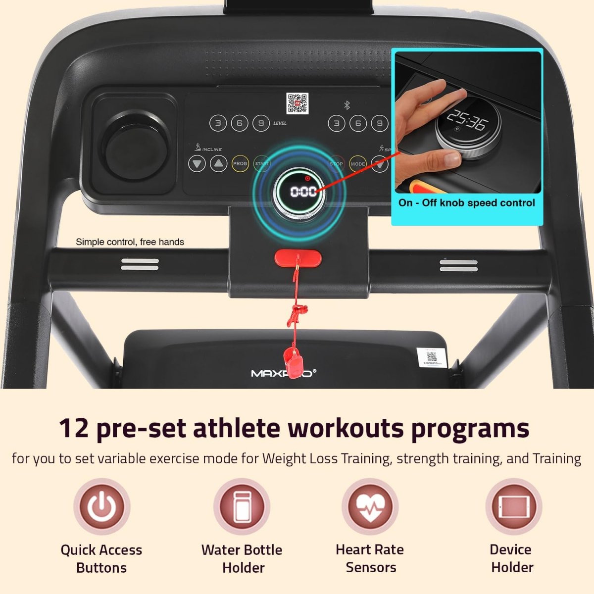 MAXPRO Fusion 4.5 HP Peak DC Motor, 15 Level Auto Incline Treadmill for Home Gym,Free Diet Plan,Max.Speed 14km/hr,Max. User Weight 110kgs,Fit Show App Support, LCD Display for Home use (PTM405I) - Maxpro Fitness Equipments