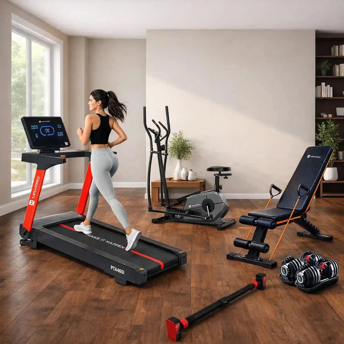 Maxpro HOME GYM PACKAGE, 6HP PEAK DC MOTOR TREADMILL, ELLIPTICAL CROSS TRAINER, ADJUSTABLE BENCH and FITNESS ACCESSORIES - Maxpro Fitness Equipments