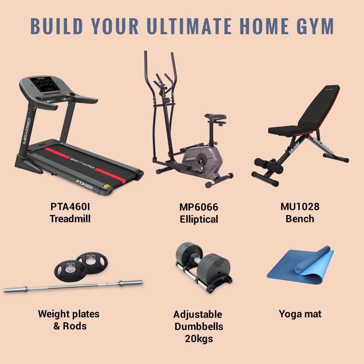 MAXPRO HOME GYM PACKAGE, 7HP PEAK DC MOTOR TREADMILL, ELLIPTICAL CROSS TRAINER, ADJUSTABLE BENCH and FITNESS ACCESSORIES - Maxpro Fitness Equipments