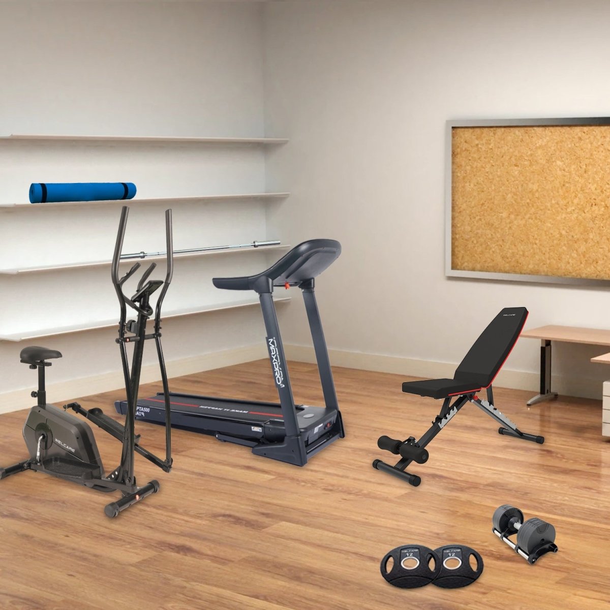 MAXPRO HOME GYM PACKAGE, 7HP PEAK DC MOTOR TREADMILL, ELLIPTICAL CROSS TRAINER, ADJUSTABLE BENCH and FITNESS ACCESSORIES - Maxpro Fitness Equipments