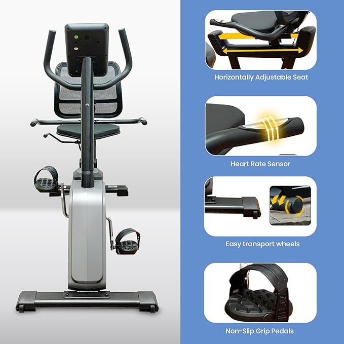 MAXPRO MP6060 Home Use Recumbent Exercise Bike with 7kg Fly Wheel, Adjustable Seat, 8 Level Magnetic Resistance, 120kgs Max.User Weight and LCD Display - Maxpro Fitness Equipments