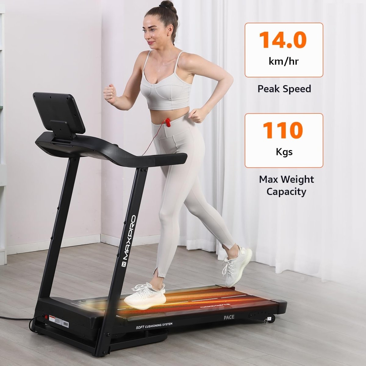 MAXPRO PACE PTM605 Treadmill – 5HP Peak DC Motor, Folding Design, 14km/h Speed, 110kg Capacity, 6 - Level Incline, LED Display & FitShow App | Home Gym Running Machine - Maxpro Fitness Equipments