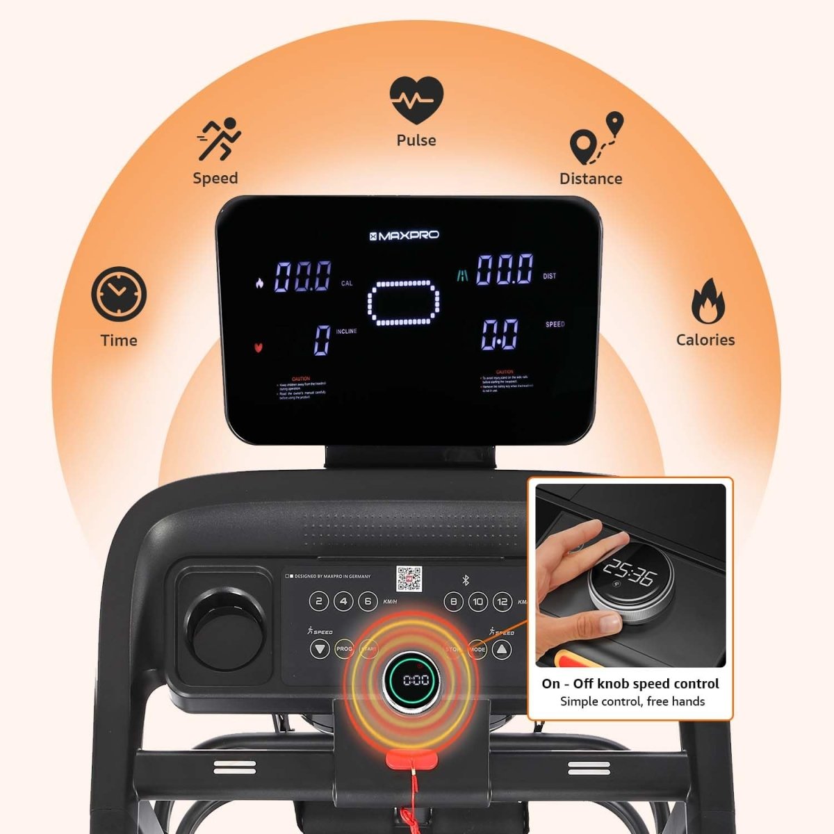 MAXPRO PACE PTM605 Treadmill – 5HP Peak DC Motor, Folding Design, 14km/h Speed, 110kg Capacity, 6 - Level Incline, LED Display & FitShow App | Home Gym Running Machine - Maxpro Fitness Equipments