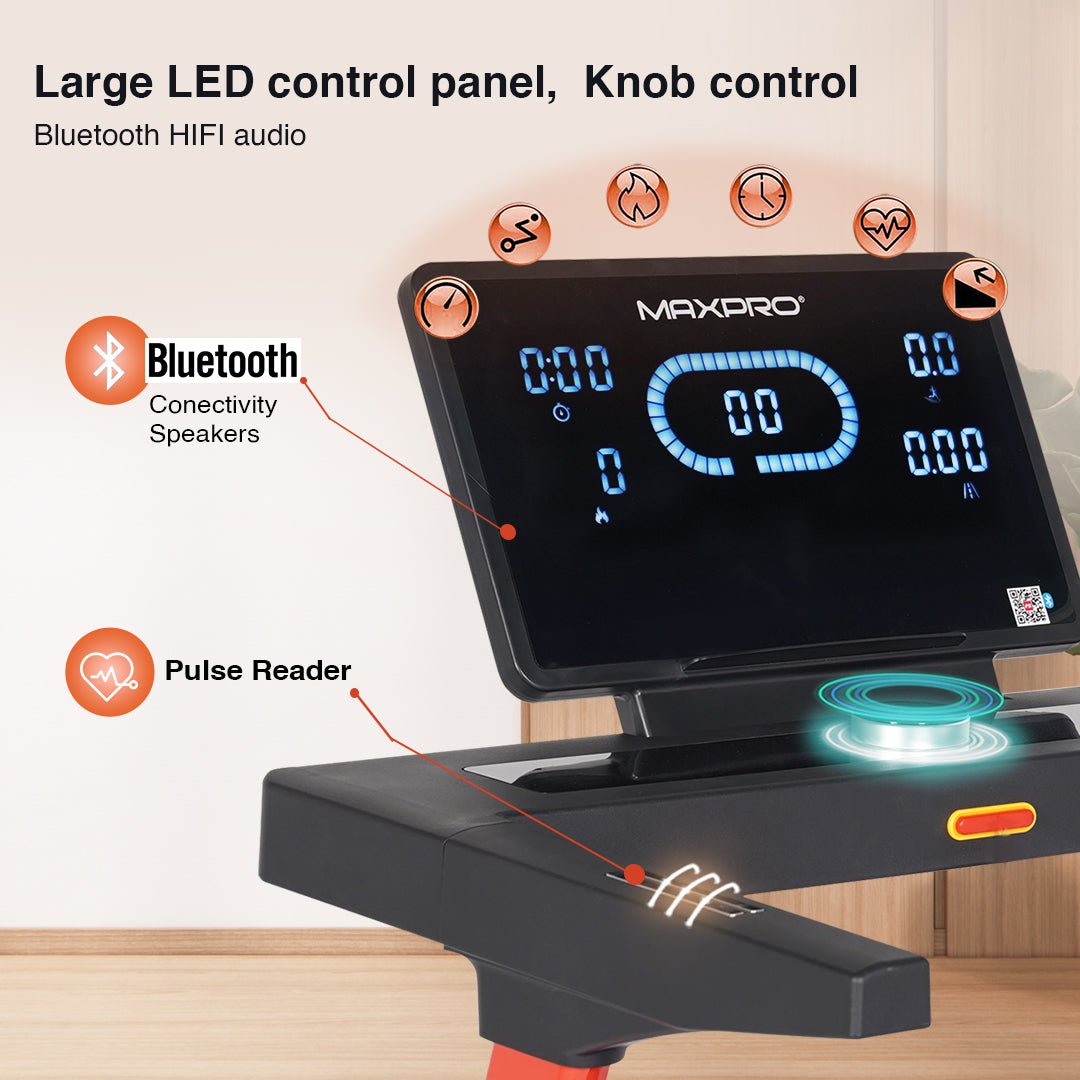 Maxpro RUN Auto Treadmill for Home (6 HP Peak Power Auto Incline, 15 levels, Bluetooth App Support, Speed 18 kmph) Best Running Machine for Home Gym (PTA460I) | 1 Year Warranty | User Weight 140 kgs - Maxpro Fitness Equipments