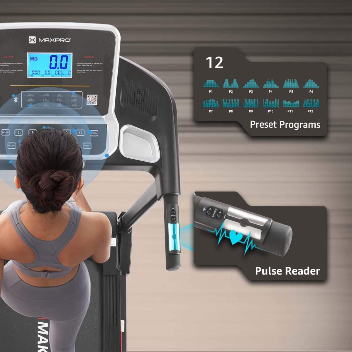 MAXPRO Thrust PTA550IDC Treadmill – 6HP Peak DC Motor, 15 - Level Auto Incline, 16km/h Speed, 130kg Capacity, LCD Display, Foldable Design | Motorized Treadmill for Home Use - Maxpro Fitness Equipments