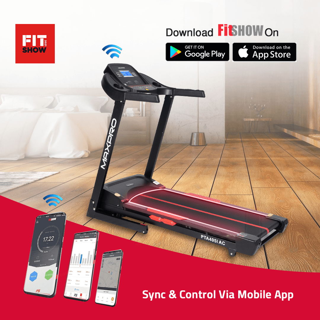 MAXPRO TORQUE PLUS (PTA405IAC) AC Motorized Auto Incline Foldable Treadmill for home 120 kg (5HP PEAK) | Running Machine for Home Gym | (MAX. Speed 16Km/Hr, 15 Level Incline) FITSHOW App Connection - Maxpro Fitness Equipments