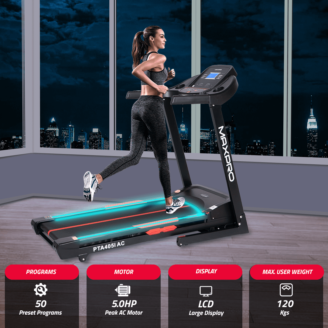 MAXPRO TORQUE PLUS (PTA405IAC) AC Motorized Auto Incline Foldable Treadmill for home 120 kg (5HP PEAK) | Running Machine for Home Gym | (MAX. Speed 16Km/Hr, 15 Level Incline) FITSHOW App Connection - Maxpro Fitness Equipments