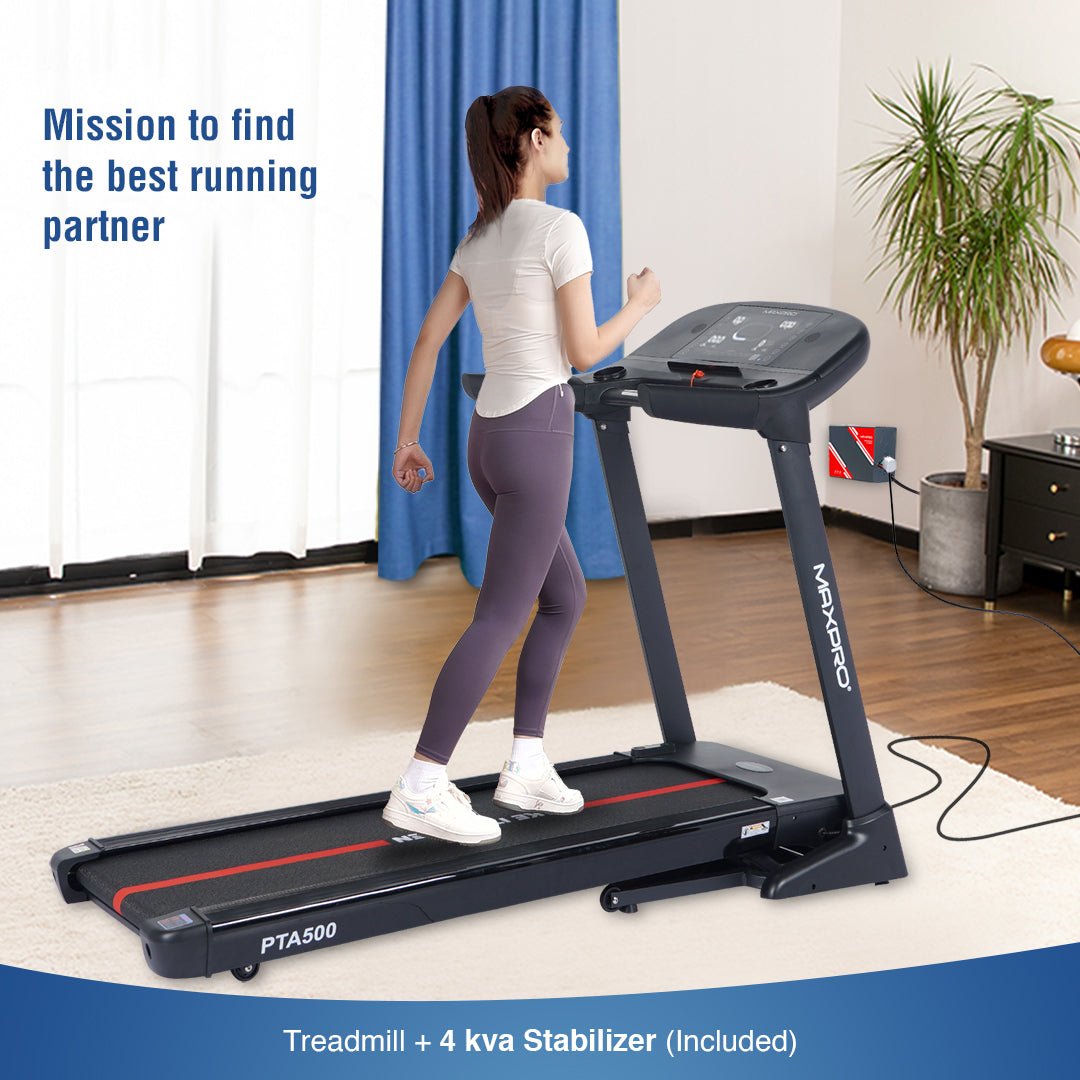 PTA 500 Treadmill - Maxpro POWER Auto Incline Treadmill for Home Gym 150 kg (7 HP Peak, 15 Level Incline, Speed 18km/hr, 15 preset workout Program, APP Connection) with 4kva Stabilizer, 3 Year Motor Warranty. - Maxpro Fitness Equipments