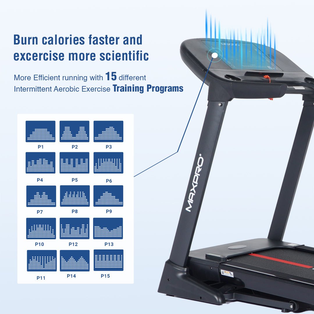 PTA 500 Treadmill - Maxpro POWER Auto Incline Treadmill for Home Gym 150 kg (7 HP Peak, 15 Level Incline, Speed 18km/hr, 15 preset workout Program, APP Connection) with 4kva Stabilizer, 3 Year Motor Warranty. - Maxpro Fitness Equipments